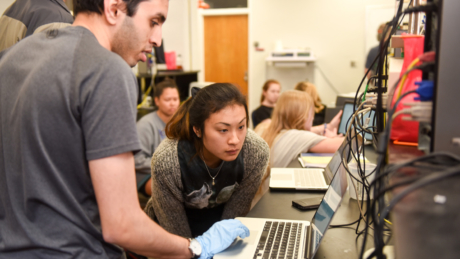 Biochemistry students look at a laptop