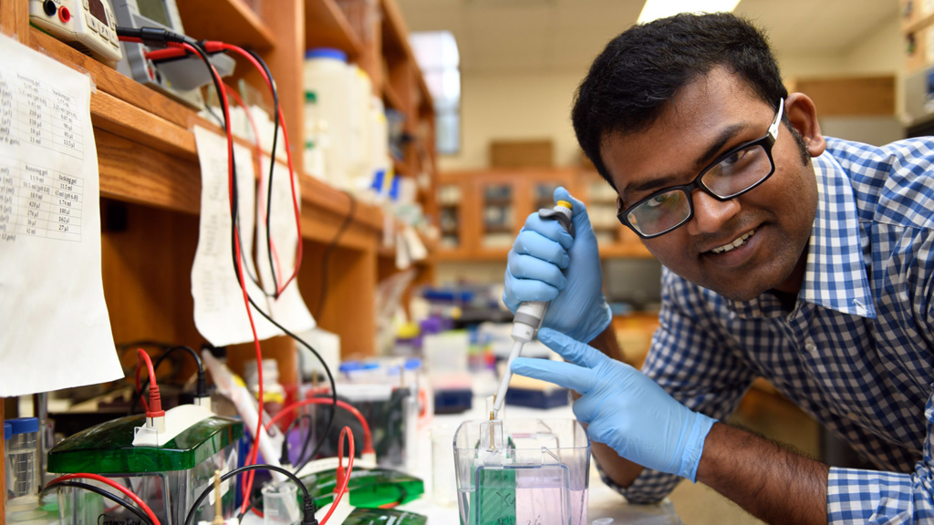 Biochem Ph.D. candidate Sayan Chakraborty working in a lab with blue gloves on.
