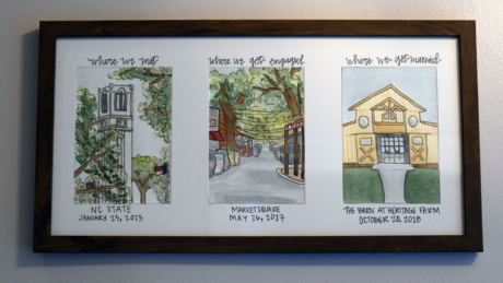 A framed drawing showing where the Mayberrys met got engaged and got married.