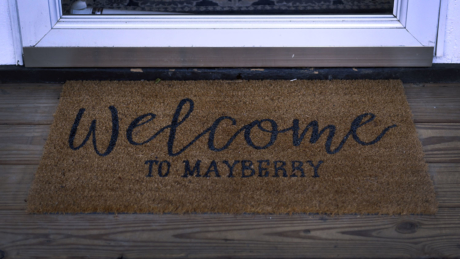A welcome mat that says Welcome to Mayberry.